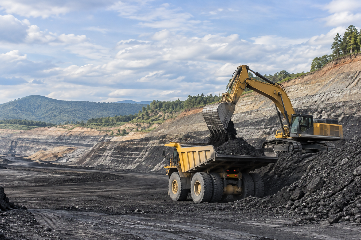Ekskavator memuat batubara ke dump truck