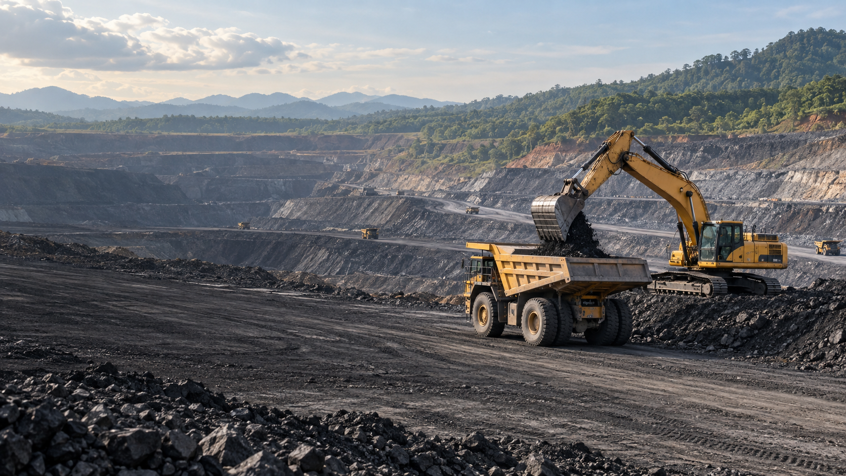 Aktivitas pertambangan dengan ekskavator dan dump truck